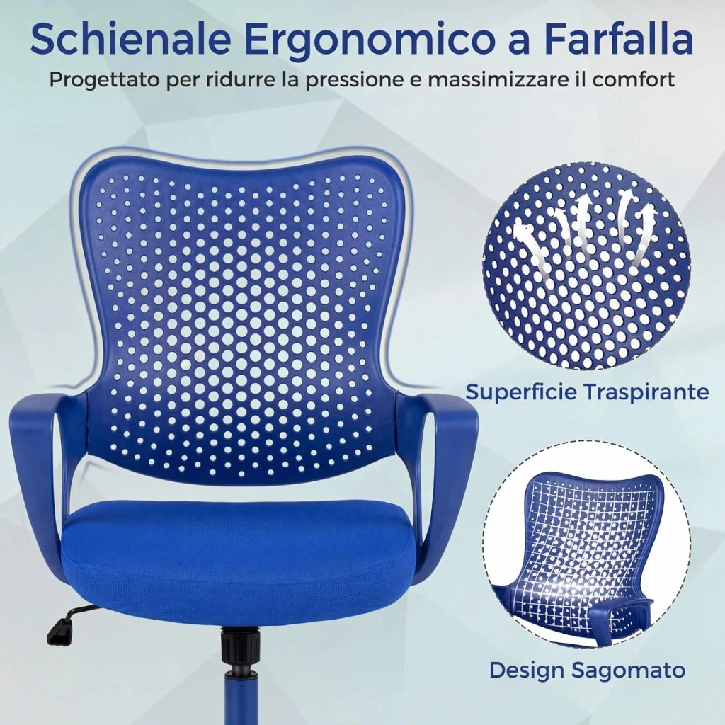Sedia da Ufficio Ergonomica, con Schienale Reclinabile, Regolabile in Altezza, Sedia Scrivania con Seduta Girevole 360°e Ruote per Ufficio, Studio e Soggiorno, Portata 150 kg (Blu)