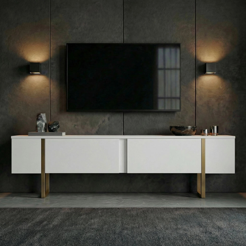 Porta TV in legno "Onera" - 180 x 30 x 50 cm - Bianco / Oro