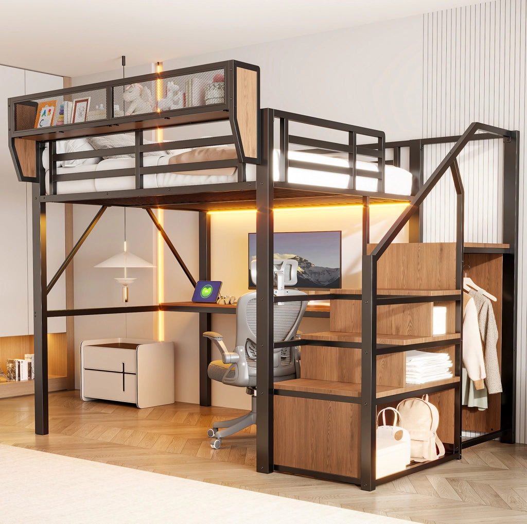 Letto a soppalco in metallo 140x200 cm con scrivania, LED e ripiani regolabili
