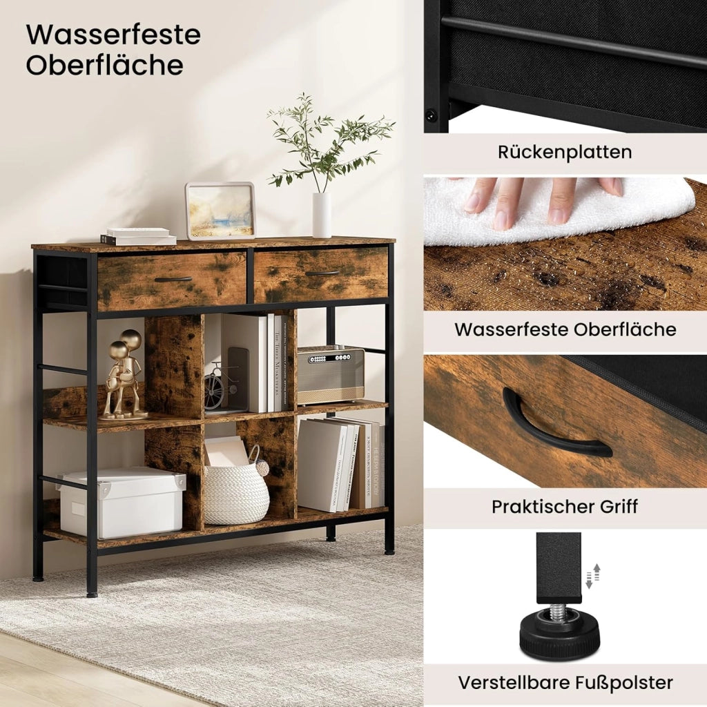 Libreria rustica marrone con 6 ripiani, 2 cassetti, struttura in metallo, autoportante, studio, soggiorno, camera da letto