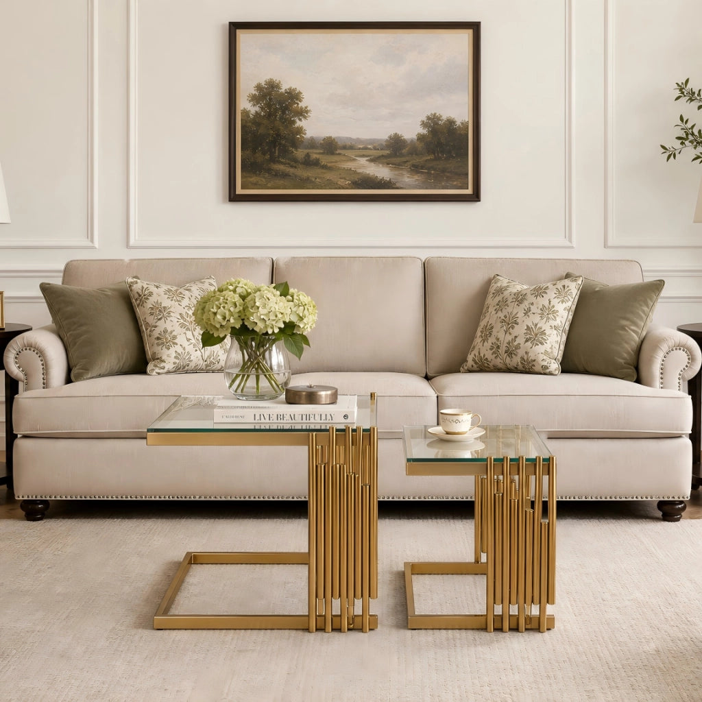TAVOLINO Set da 2 pezzi quadrato 41 x 41 x 46 cm vetro temperato trasparente oro