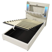 Letto imbottito singolo 90×200 cm con USB Type-C; LED e testiera con vani; senza materasso; lino; beige
