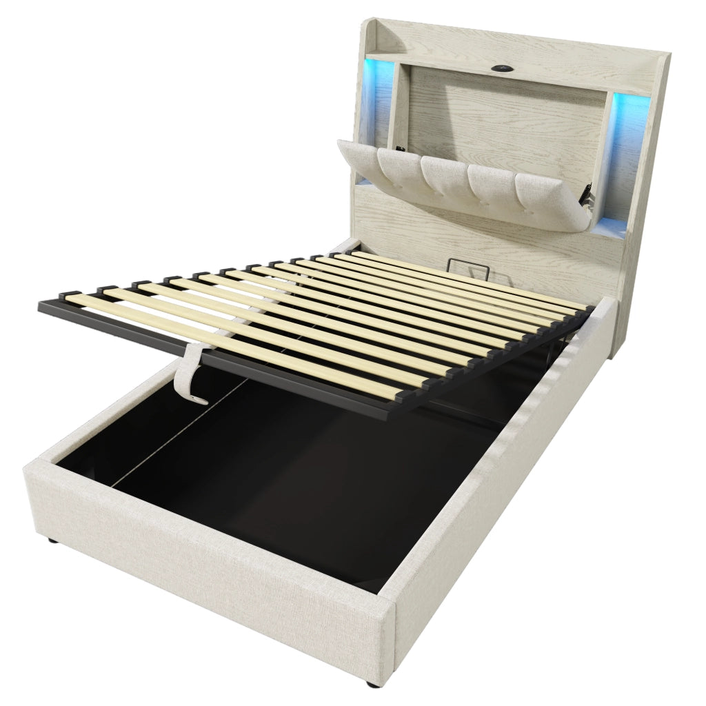 Letto imbottito singolo 90×200 cm con USB Type-C; LED e testiera con vani; senza materasso; lino; beige