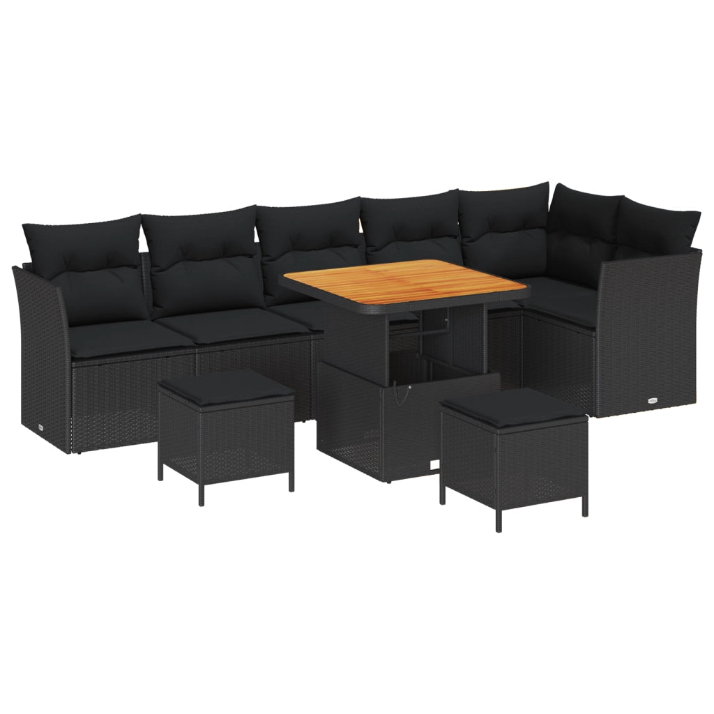 Set di Divani da Giardino da 9 Pezzi con Cuscini Rattan Nero Acacia