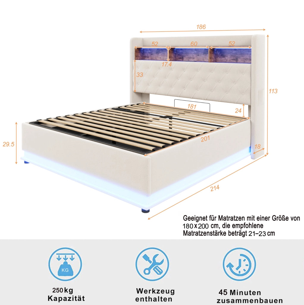 Letto matrimoniale imbottito 180x200 cm con LED; USB e contenitore idraulico; beige