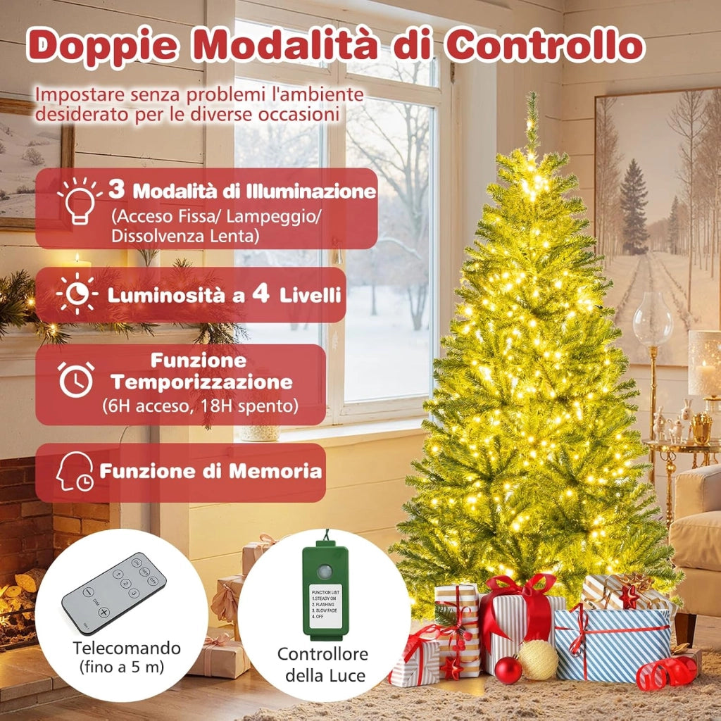 Albero di Natale Artificiale 180 cm, Albero di Natale Pre-illuminato con 700 Luci LED, 680 Rami, Telecomando, Timer e Guanti, Modalità e Luminosità Regolabili