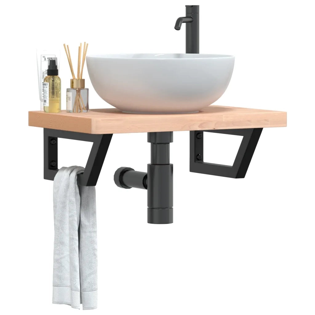 Ripiano a Parete per Lavabo in Acciaio e Massello di Faggio 3302363