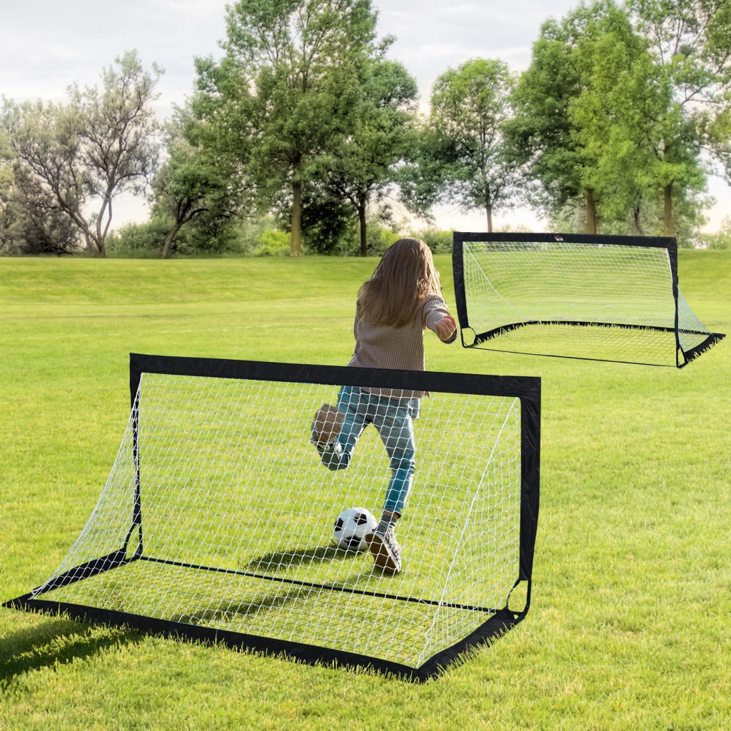 Set di 2 porte da calcio, mini porte, pieghevoli, in acciaio e Tetrolon, nere, 186x90x89 cm, per giardino e parco giochi.