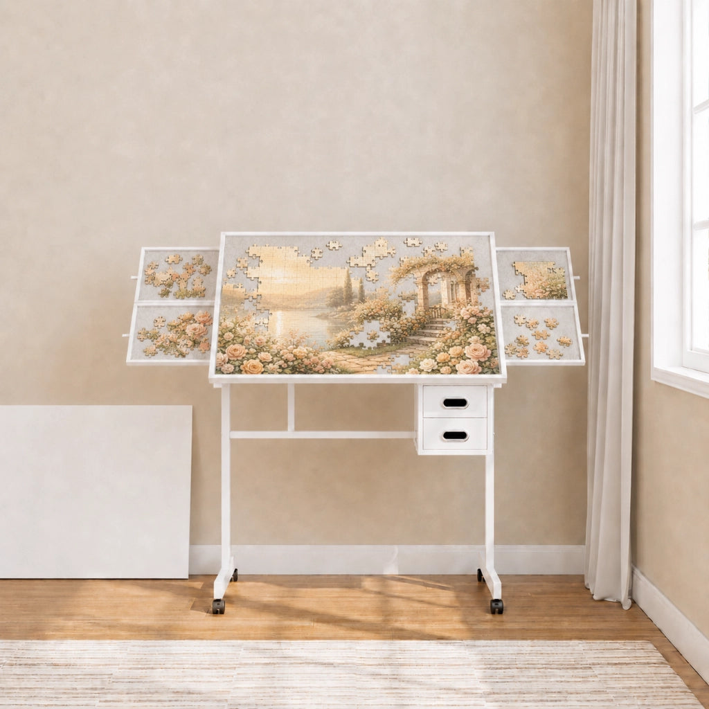 Scrivania dritta con piano coperto e 4 cassetti in feltro, ruote bloccabili, per hobby, MDF e metallo, bianca