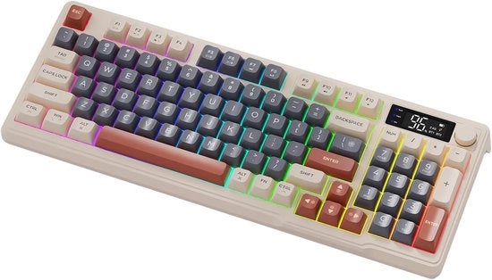 Tastiera wireless, 96 tasti con modalità doppia, illuminazione di sfondo colorata, tasti multimedia, pulsanti del volume e indicatore della batteria a lunga durata per gaming e laptop.