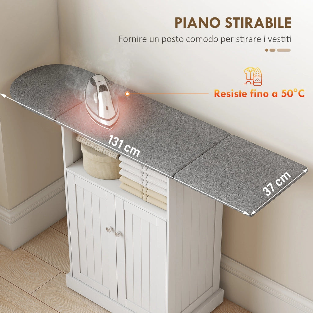 Mobile con Asse da Stiro Pieghevole 131x37x88,5 cm e Armadietto in MDF Bianco