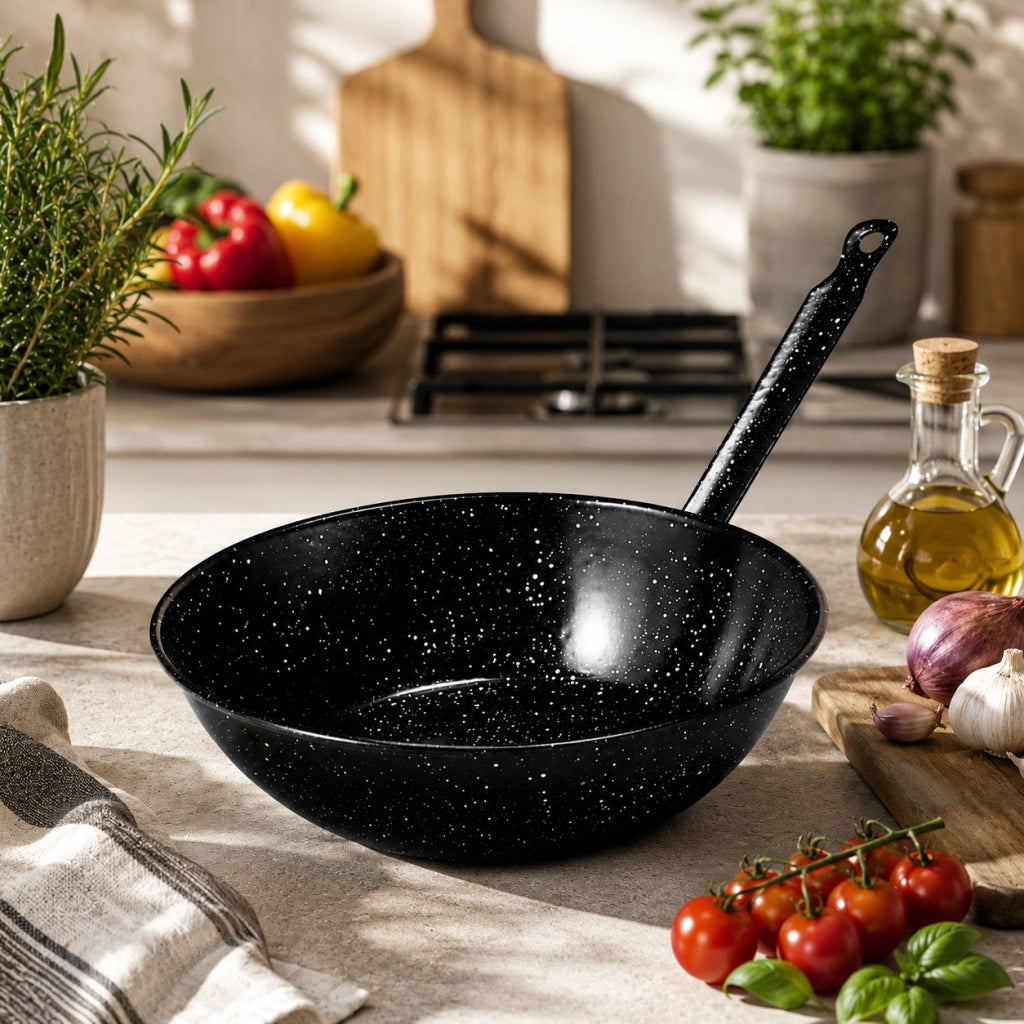 Padella Fonda Smaltata per Fritture,Wok, Cucina al Salto , Nera con Manico, Compatibile con Induzione, Gas, Cucina 36 cm
