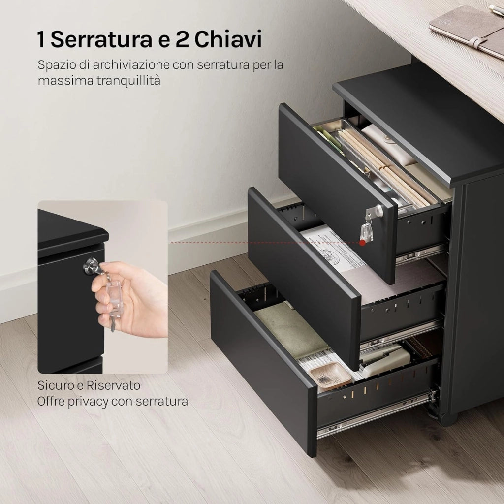 Cassettiera da Ufficio Scrivania Studio con Rotelle Mobiletto con 3 Cassetti e Serratura per Documenti Cartelle Sospese Cancelleria, Pre-Assemblato, metallo Nero SK024sz