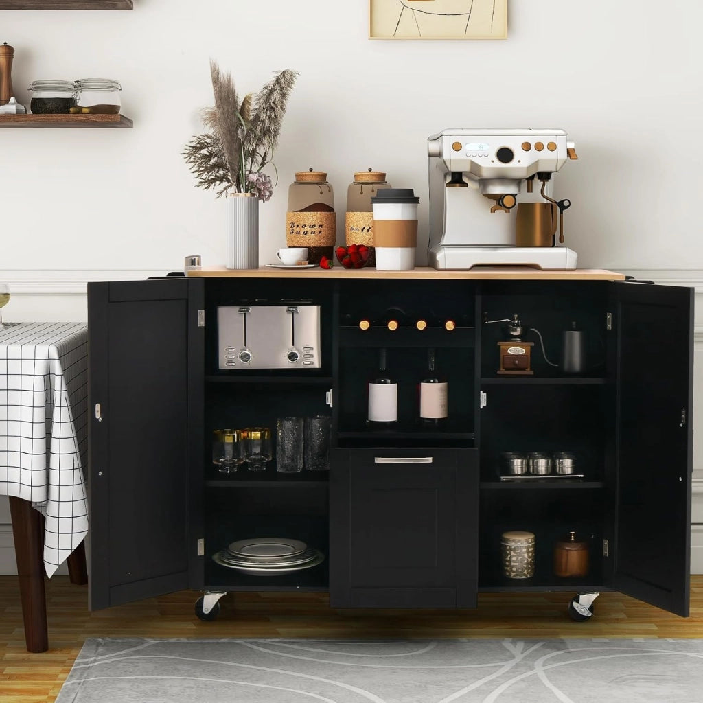 Isola centrale mobile con piano di lavoro in legno di albero della gomma, carrello da cucina con cassetto, porta bottiglia e 2 armadio con porta, carrello su ruote, 130 x 45 x 90 cm (nero)
