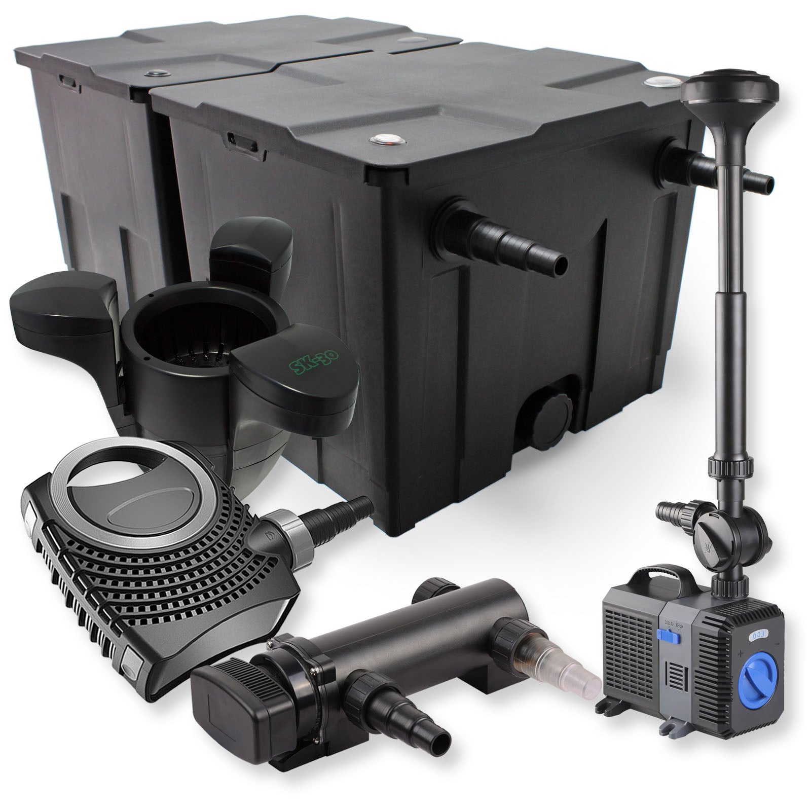 Set Filtro a 2 camere laghetto 60000l con Chiarificatore UVC 18W Pompa NEO7000 50W Fontana