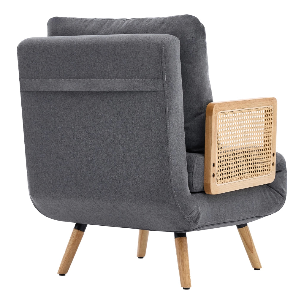 Poltrona letto 3 in 1 in tessuto lino grigio con schienale regolabile e braccioli in rattan