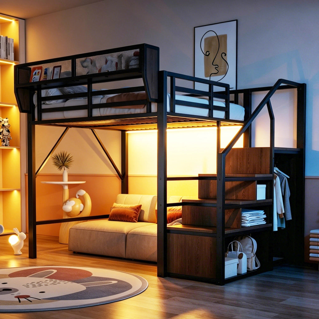 LETTO A CASTELLO 140x200 cm in metallo nero con scala e LED