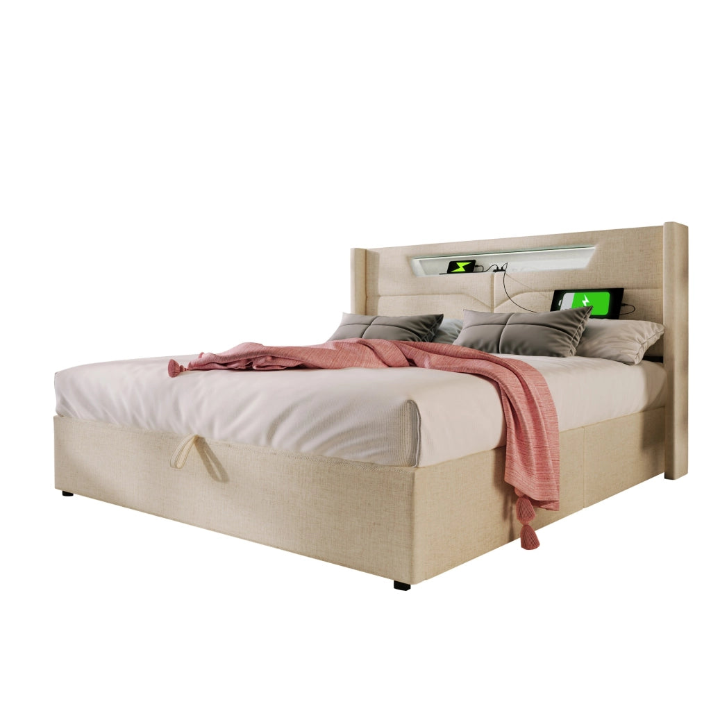 Letto matrimoniale contenitore 160x200 cm con LED; USB e USB-C in tessuto beige