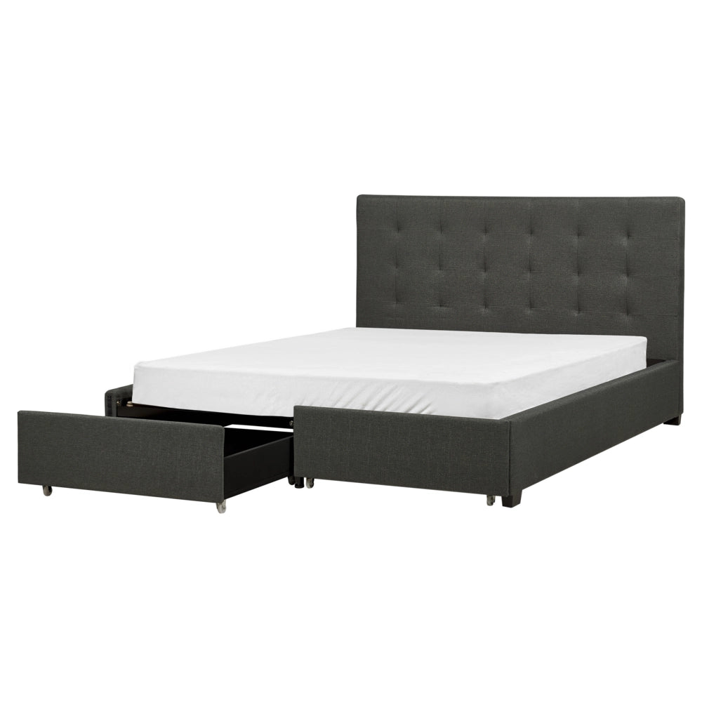 Letto contenitore matrimoniale imbottito grigio scuro con rete a doghe e cassetti 160 x 200 cm