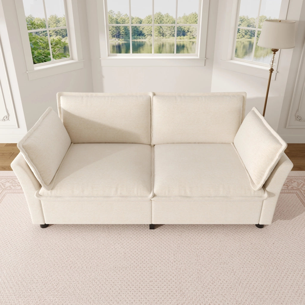 Divano a 2 posti in chenille con seduta ampia e cuscini per braccioli struttura stabile beige per piccoli spazi