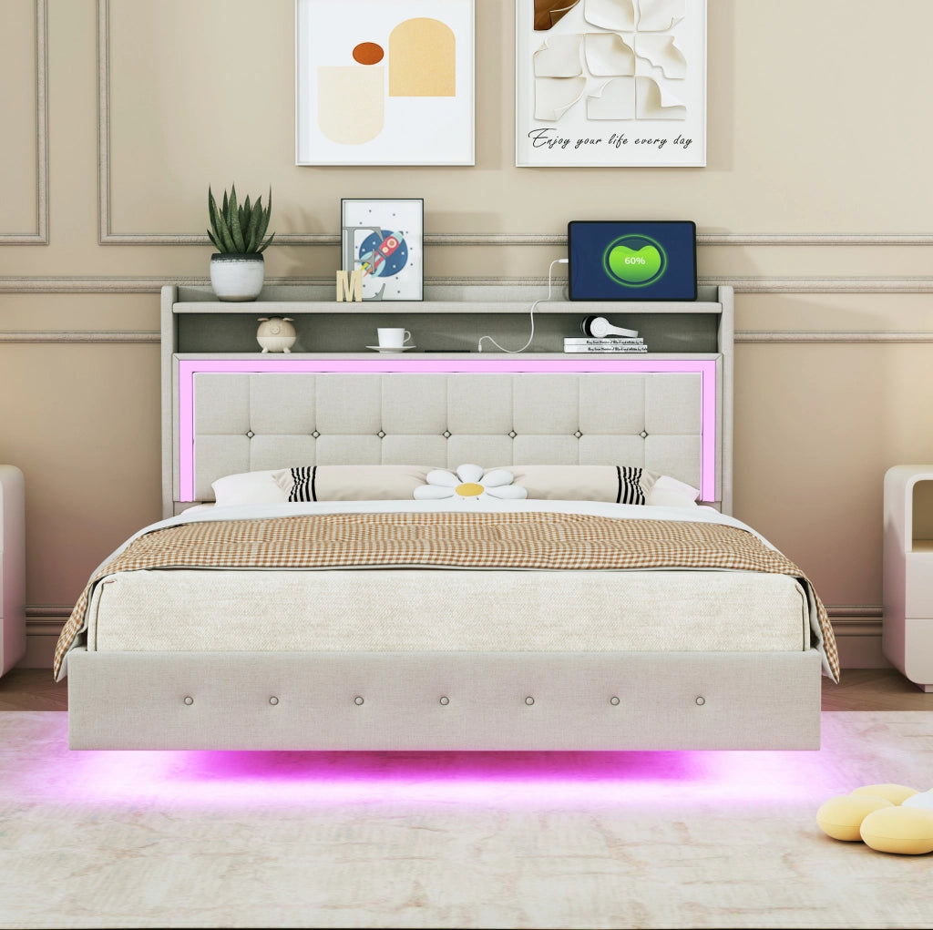 Letto imbottito matrimoniale 140x200 con USB e LED; beige