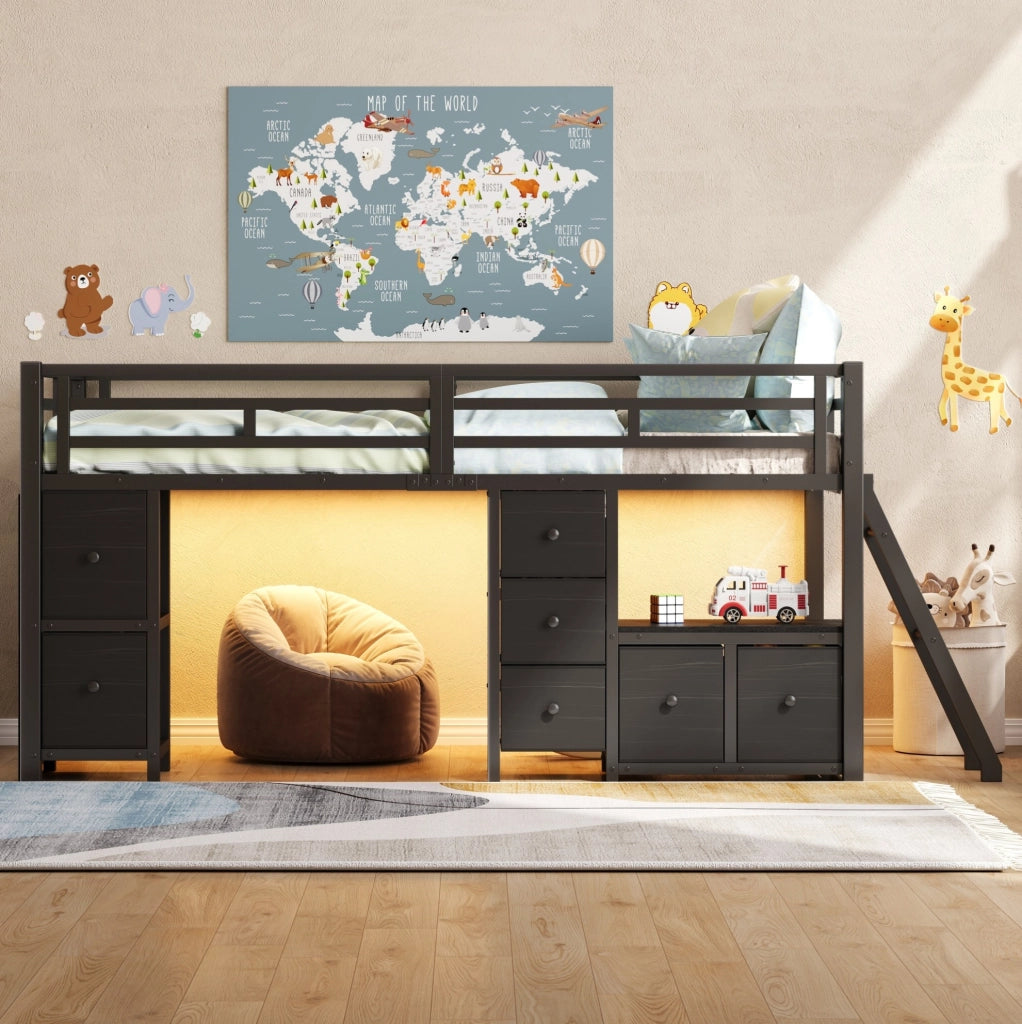 Letto a soppalco basso 90x200 cm con LED e 7 cassetti
