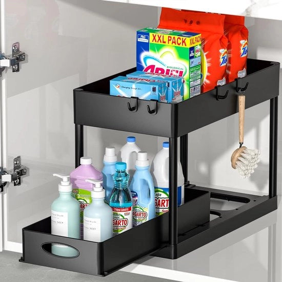 Organizzatore per sottozona lavandino con 4 ganci, organizzatore per spezie, mobile per cucina con ripiani, organizzatore per zona inferiore, mobile, make-up, nero, 1 pezzo
