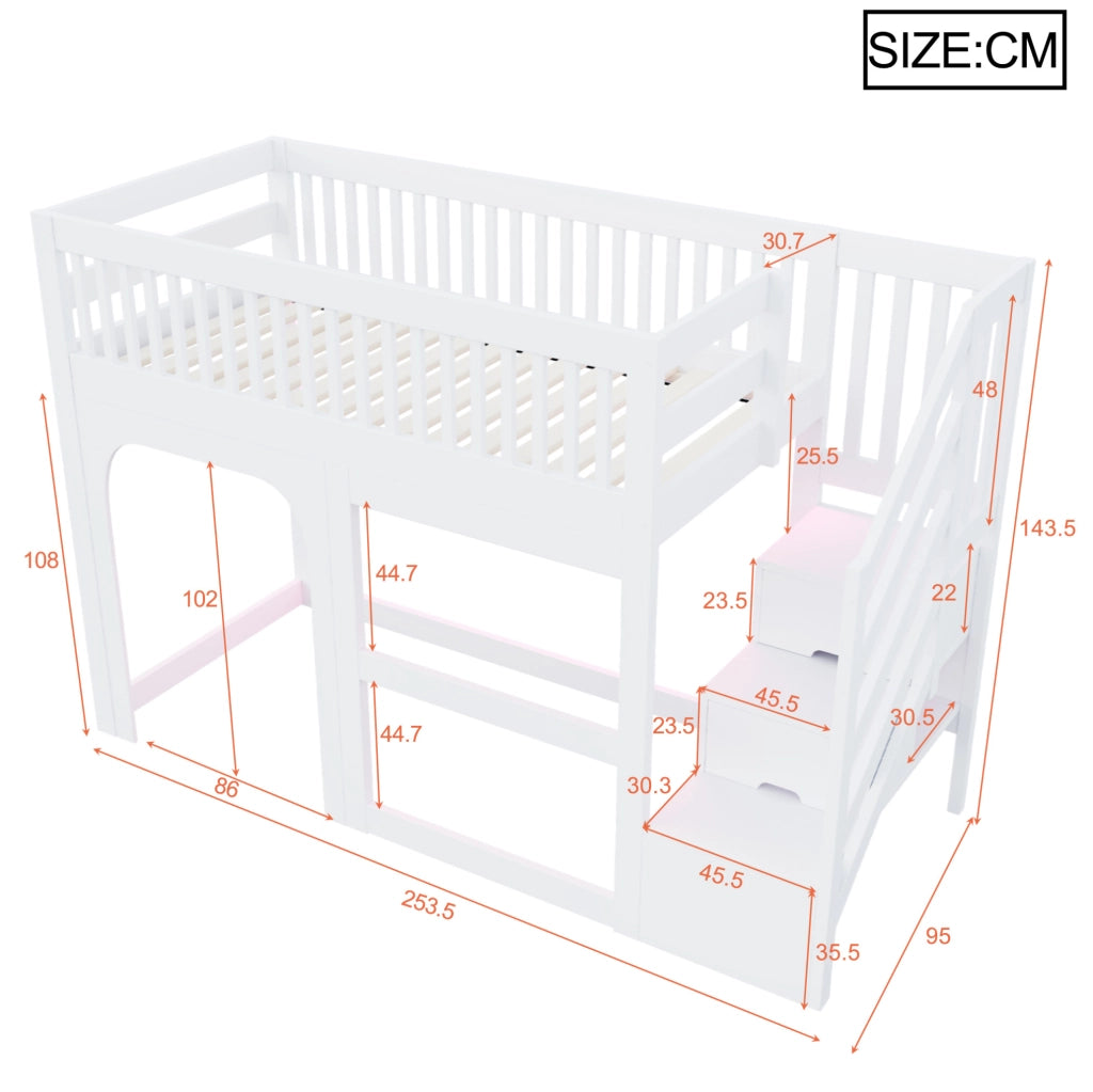 Letto a soppalco per bambini 90x200 cm in legno bianco con scala contenitore e LED