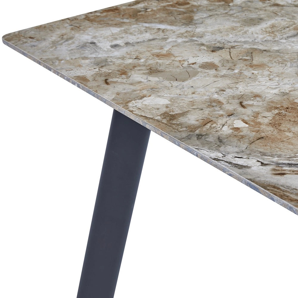Tavolo Rettangolare Imperial 180x90 in Ceramica Effetto Marmo Senafe Brown Lucido con Gambe in Metallo Nero