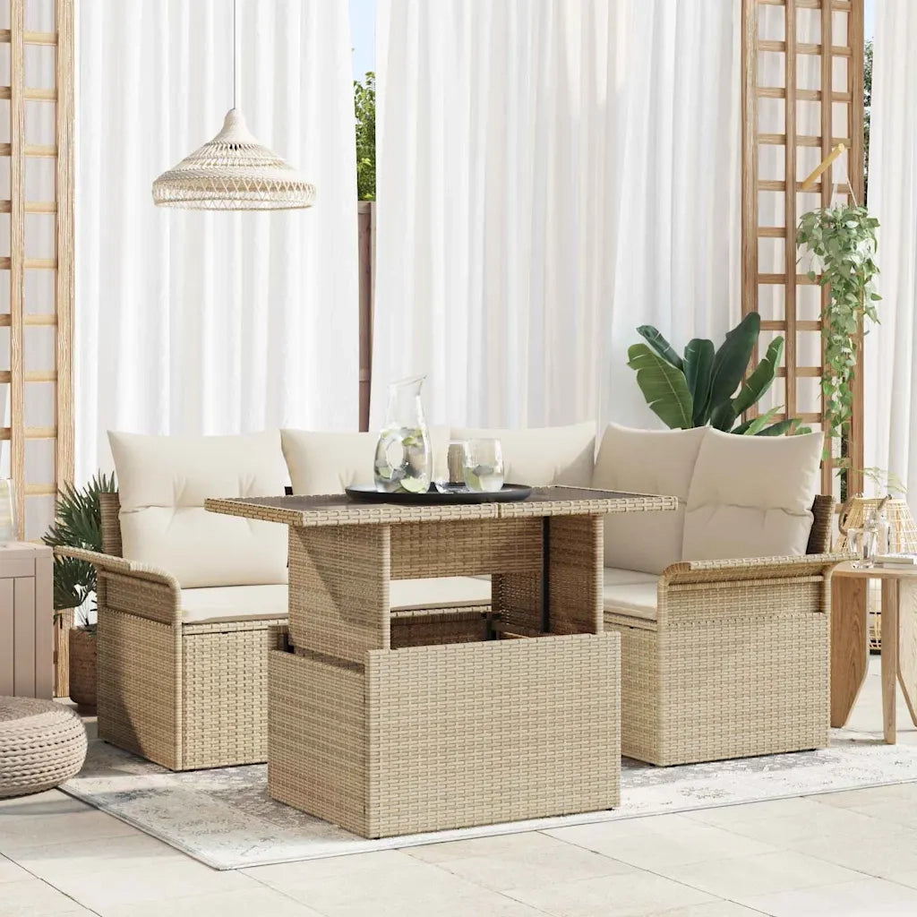 Set Divano da Giardino con cuscino 5 pcs Beige Poly Rattan