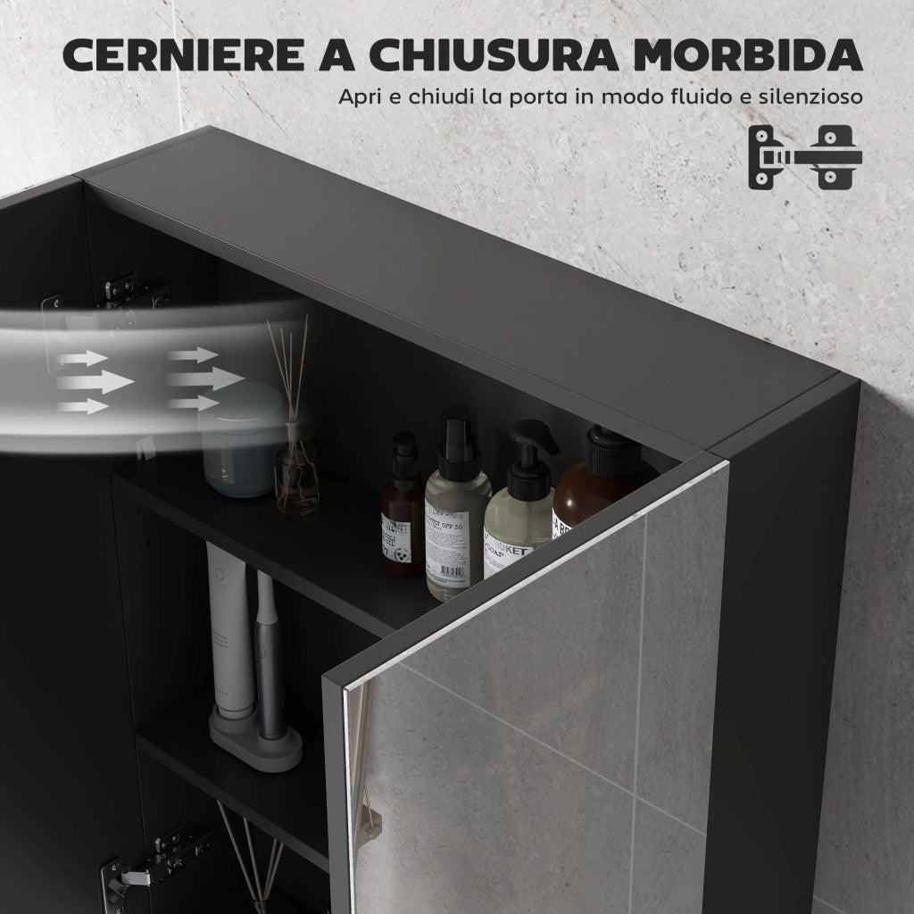 Armadietto Pensile Bagno 2 Ante con Specchiera e 2 Ripiani Interni in MDF, 60x15x75 cm, Nero