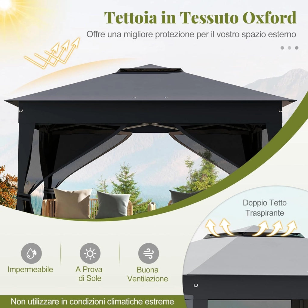 Gazebo Pieghevole 3,4 x 3,4 m con Zanzariera, Gazebo da Giardino con Tende Laterali, Tenda da Giardino Antivento Facile da Montare Resistente 210D con Borsa di Trasporto (Grigio)