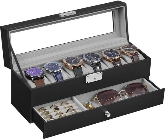 Cassa orologio, cassa orologio con coperchio in vetro, 2 pannelli, per 6 orologi, chiusura a chiave, 1 cassetto, per anelli, bracciali, regalo, fodero in PU nero, imbottitura grigia