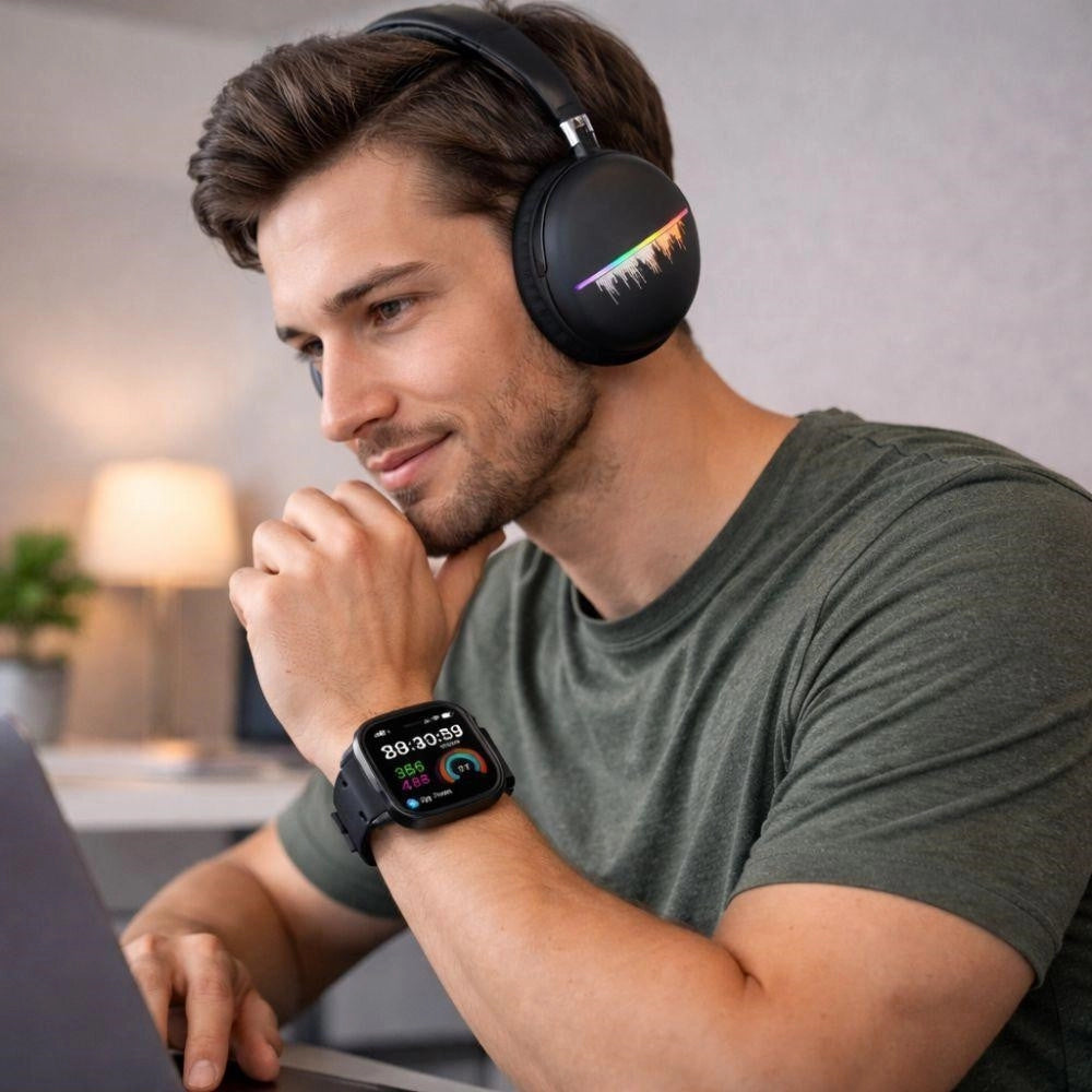Trade Shop - Set Cuffie Wireless Bluetooth Over-ear + Smartwatch Con 3 Cinturini Intercambiabili Ew1 -