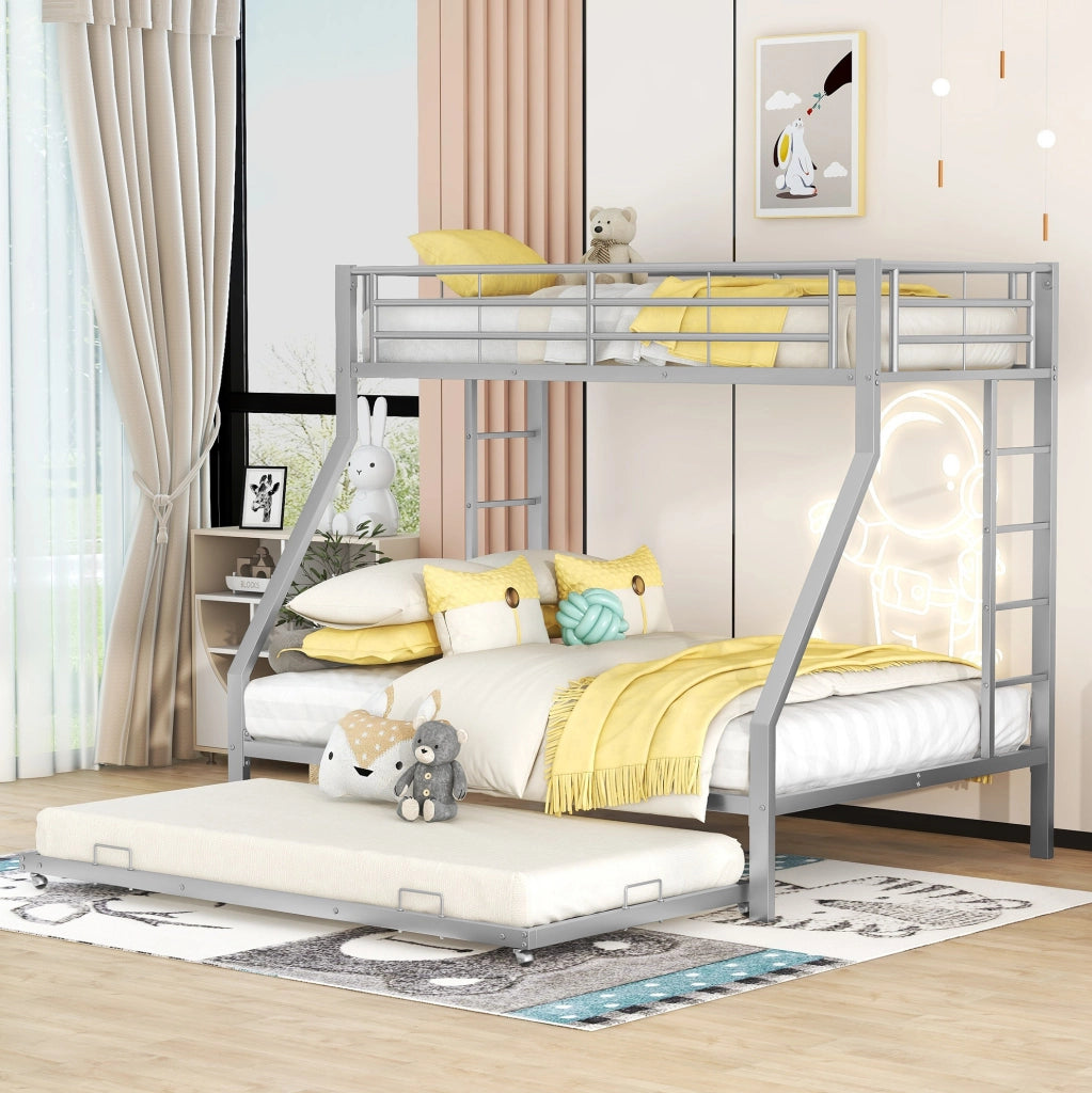 Letto a castello in metallo con letto estraibile; scale su entrambi i lati; 90/140x200 cm; argento