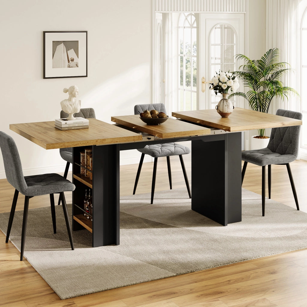 Tavolo allungabile con ripiani e vano contenitore, in MDF effetto legno, per soggiorno e studio, 120-160 × 80 × 75 cm