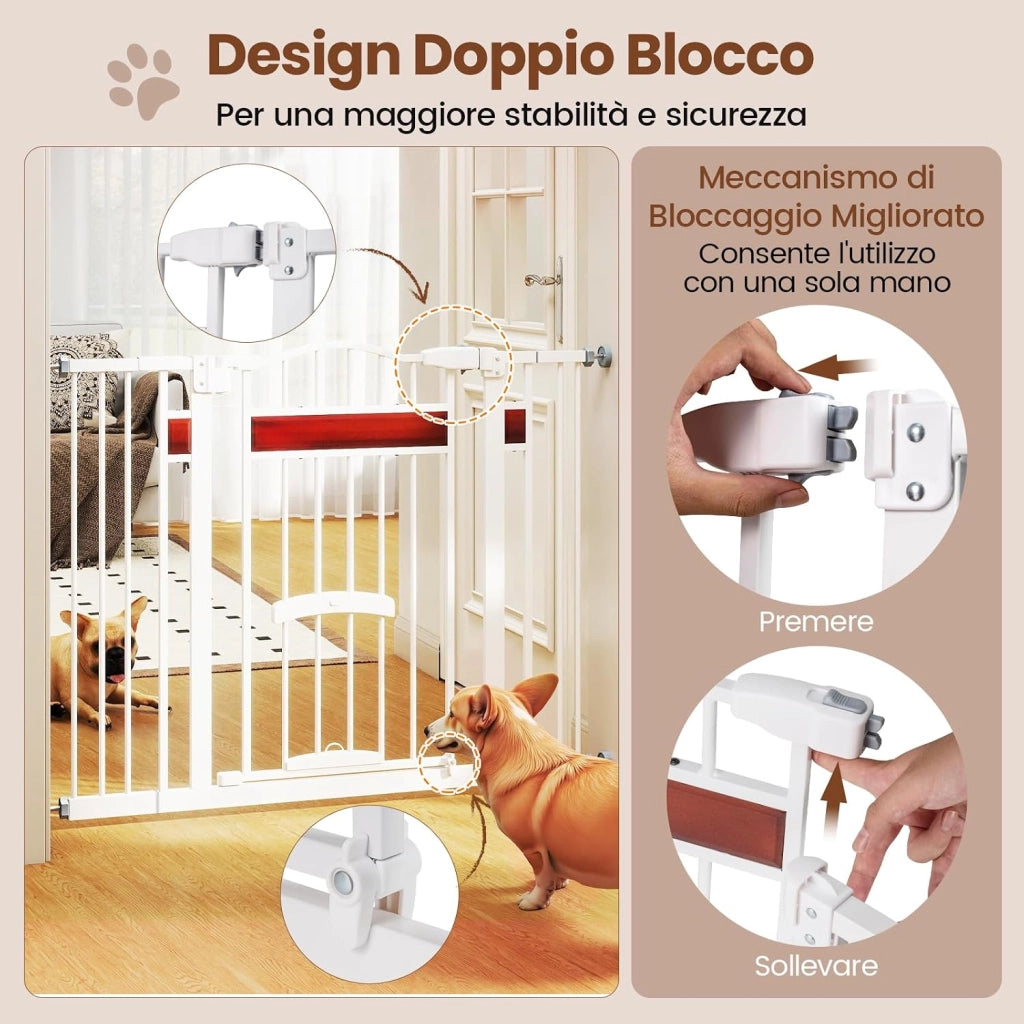 Cancello per Cani per Aperture da 74 a 104 cm, Recinto Espandibile con 2 Prolunghe, Installazione Senza Fori con Supporti, Doppia Chiusura, Cancello Metallico per Scala e Ingresso (Bianco)