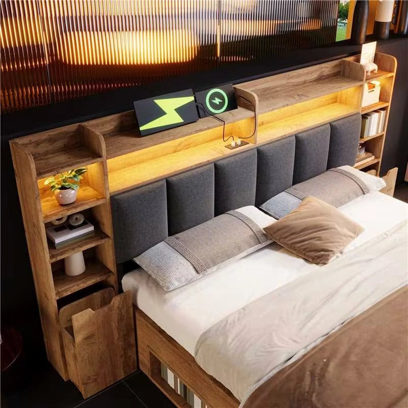 Letto matrimoniale 180 × 200 cm con illuminazione LED, porte USB e USB-C, contenitore e senza materasso