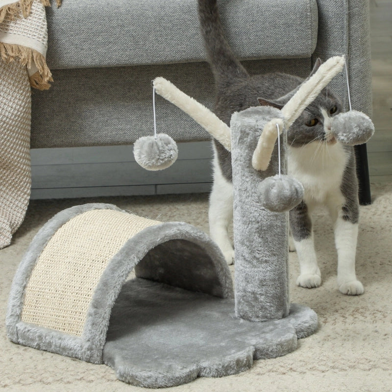 Tiragraffi per gatti con cuccia, piattaforma a zampa e 2 palline, 40 cm, grigio chiaro