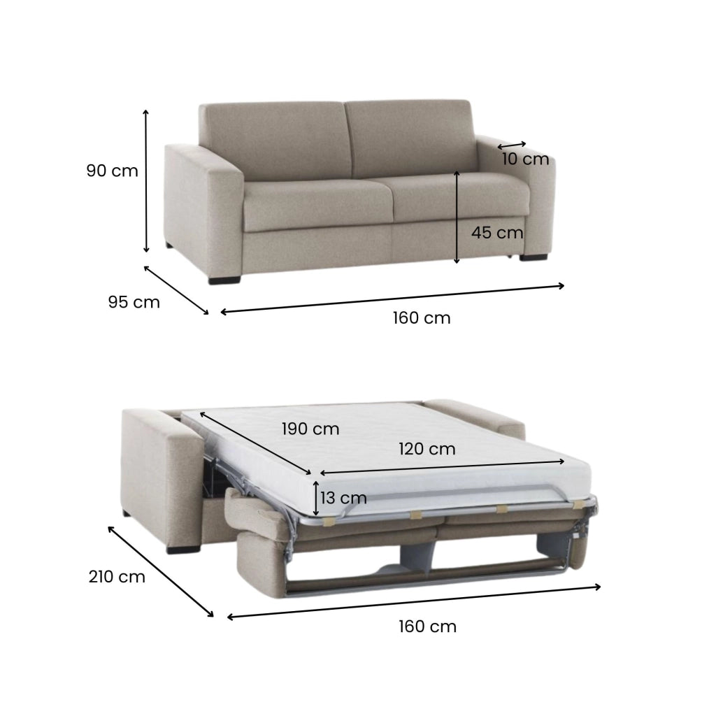 Divano Letto Alcatraz, Divano a 2 posti, Made in Italy, SofÒ  Soggiorno con apertura girevole, in tessuto imbottito, con Braccioli slim, cm 160x95h90, Tortora