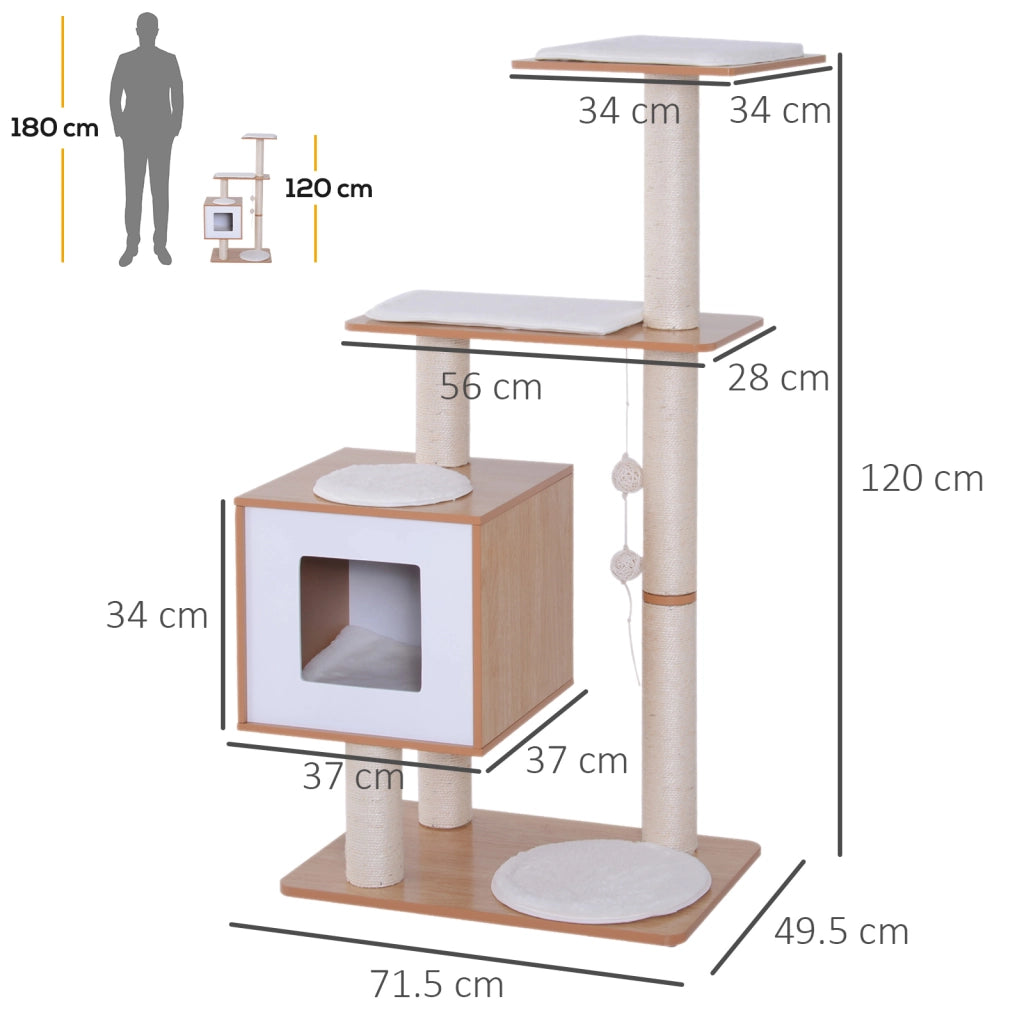 EasyComfort Tiragraffi Gatto Altezza 120cm con Cuccia Piattaforme e Giochi Sisal, MDF 71.5x49.5x120cm legno, bianco