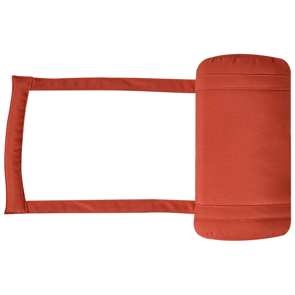 Lettino prendisole da esterno in legno di acacia scuro con cuscino rosso stile rustico giardino terrazzo