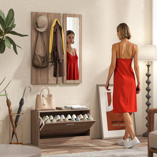 Set Mobili da Ingresso con Panca Scarpiera Appendiabiti a Muro e Specchio in Legno Truciolare Marrone Scuro