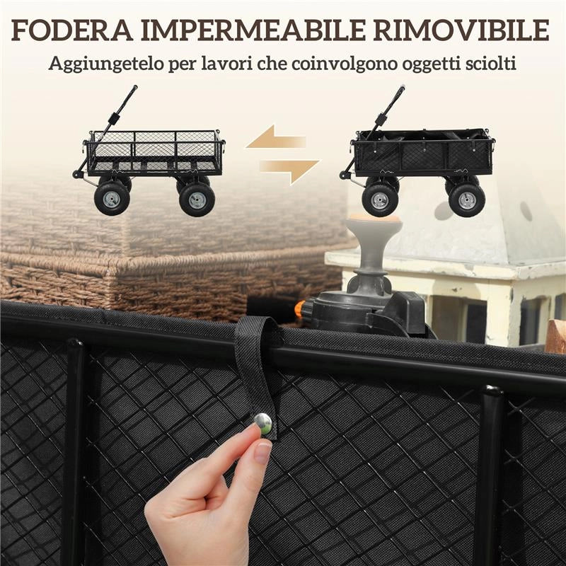 CARRELLO DA GIARDINO IN ACCIAIO DA 114L CON SACCA PORTAOGGETTI E PARETI RIMOVIBILI 105X51X54 CM NERO
