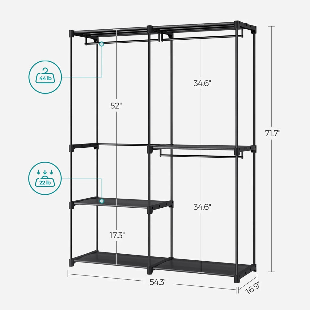 Armadio appendiabiti 43 x 138 x 182 cm 3 scomparti appendiabiti con ripiani grande capacità per camera da letto per adulti camera da letto per bambini soggiorno spogliatoio nero 12_0003975