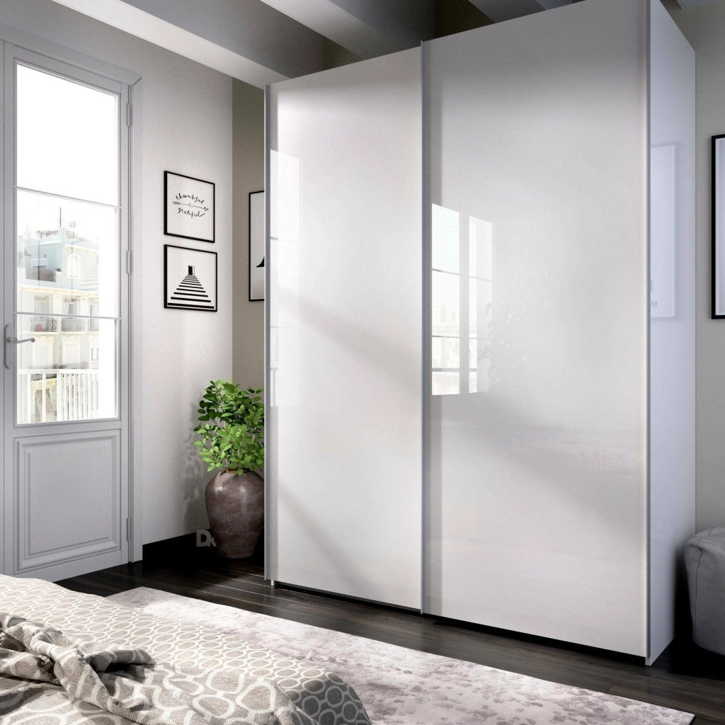Guardaroba Anda, Mobile appendiabiti per camera da letto, Armadio a 2 ante scorrevoli, 150x65h204 cm, Bianco
