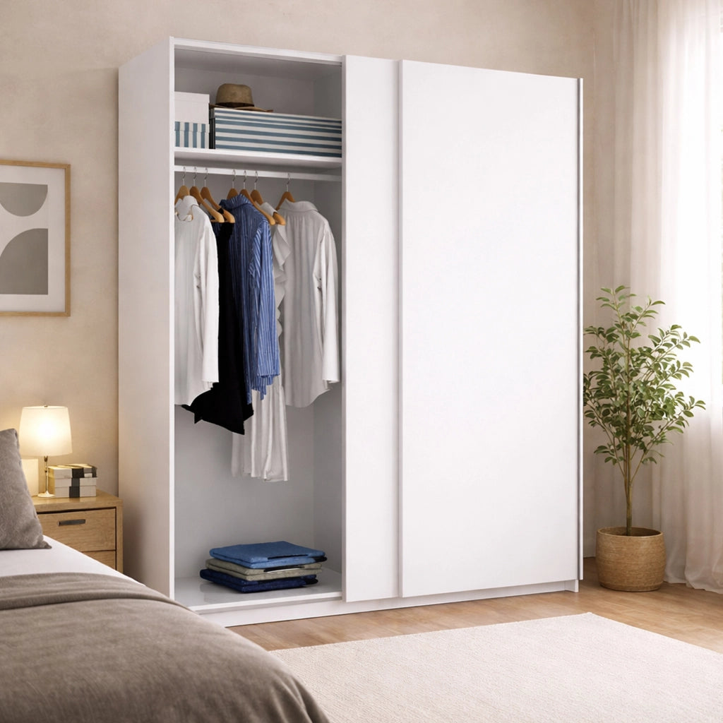 Guardaroba Anda, Mobile appendiabiti per camera da letto, Armadio a 2 ante scorrevoli, 150x65h204 cm, Bianco