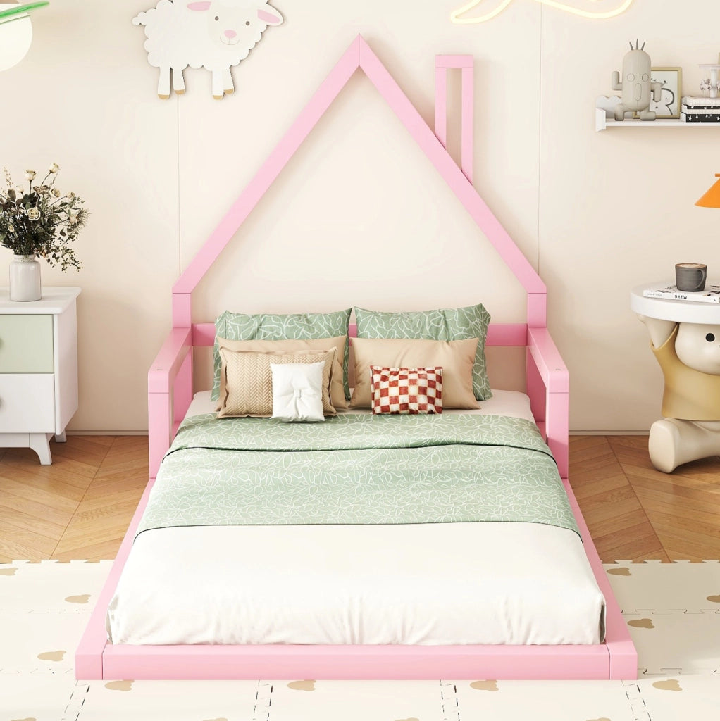 Letto per bambini a forma di casa 90x200 cm in legno di pino e MDF; rosa