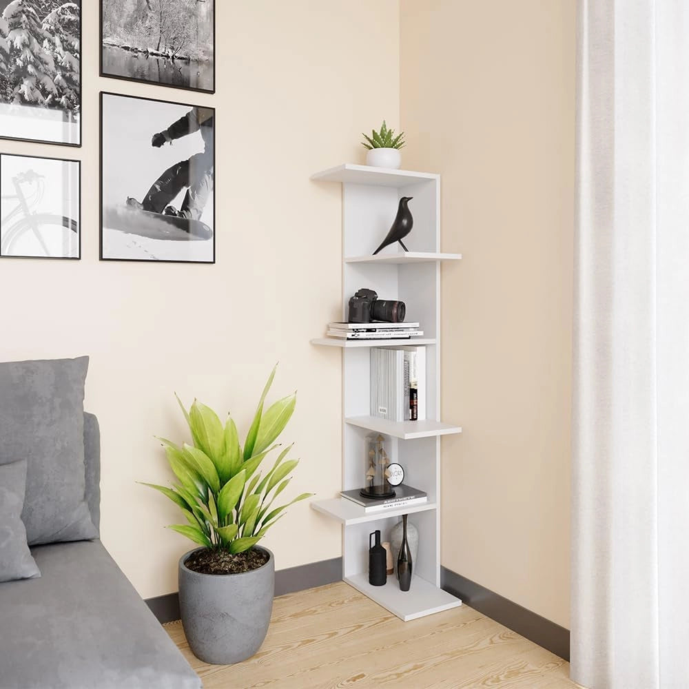 Scaffale angolare Tera, Bianco, 37 x 140.1 cm, utilizzabile per riporre libri e oggetti decorativi
