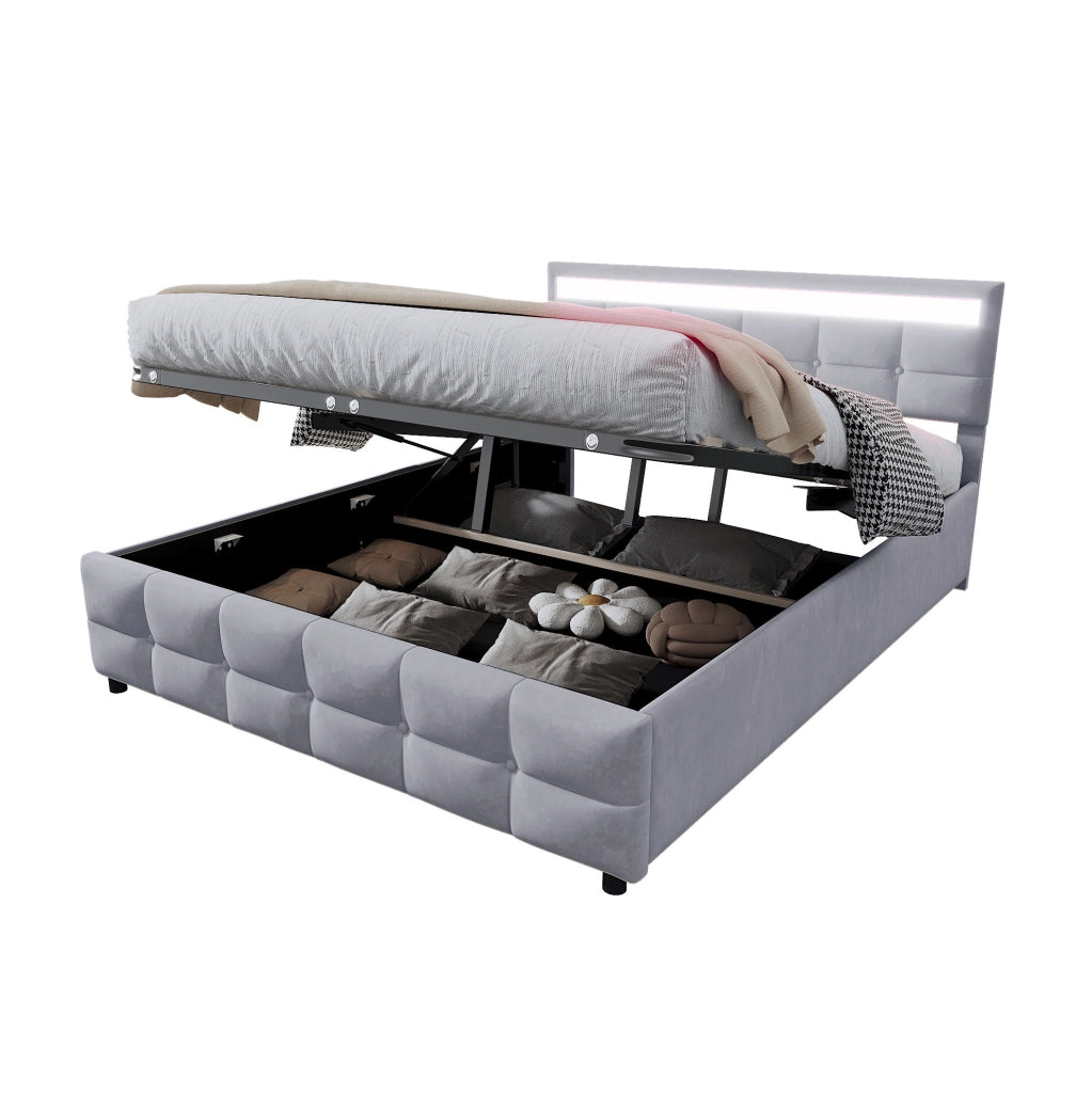 Letto imbottito 180x200 cm grigio con LED e vano contenitore